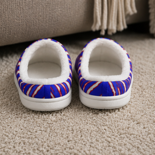Buffalo Bills zubaz Plush Slippers – Red Blue White Zebra Game Day Style