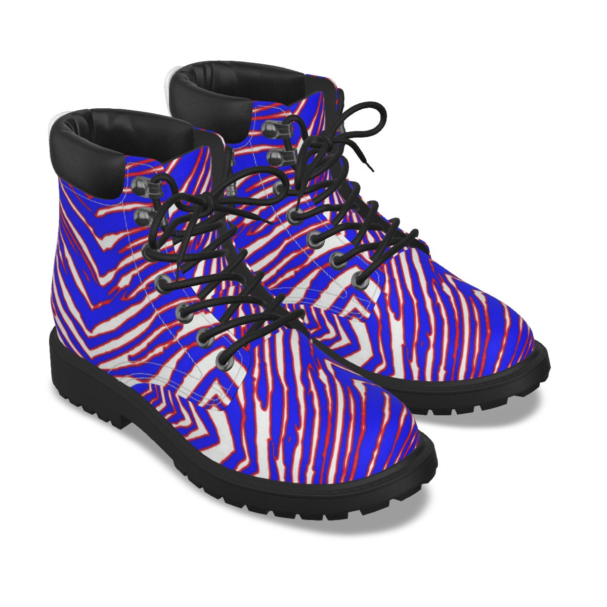 Blue and black patterned boots on a white background