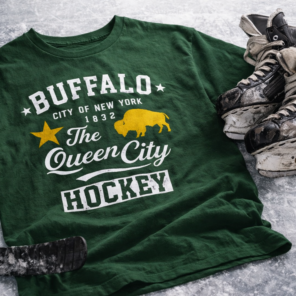 Green t-shirt with 'Buffalo City of New York 1832 The Queen City Hockey' text, surrounded by hockey equipment on a gray surface.