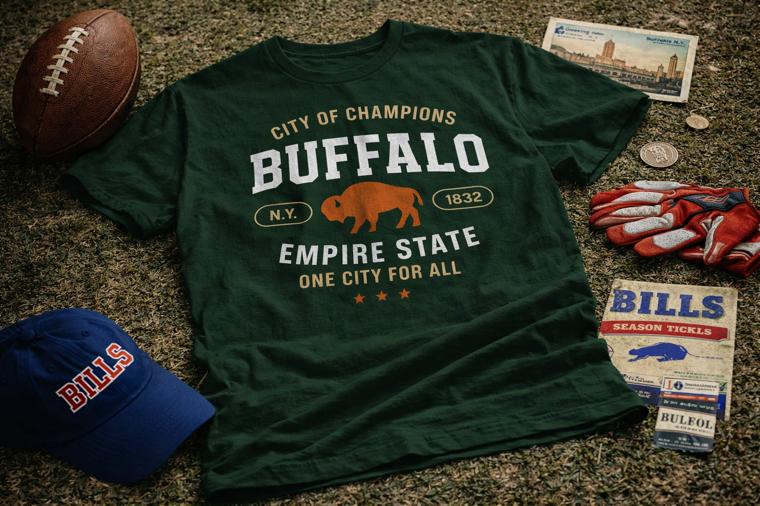 Green t-shirt with 'Buffalo' text and graphics, surrounded by sports memorabilia on a textured surface.