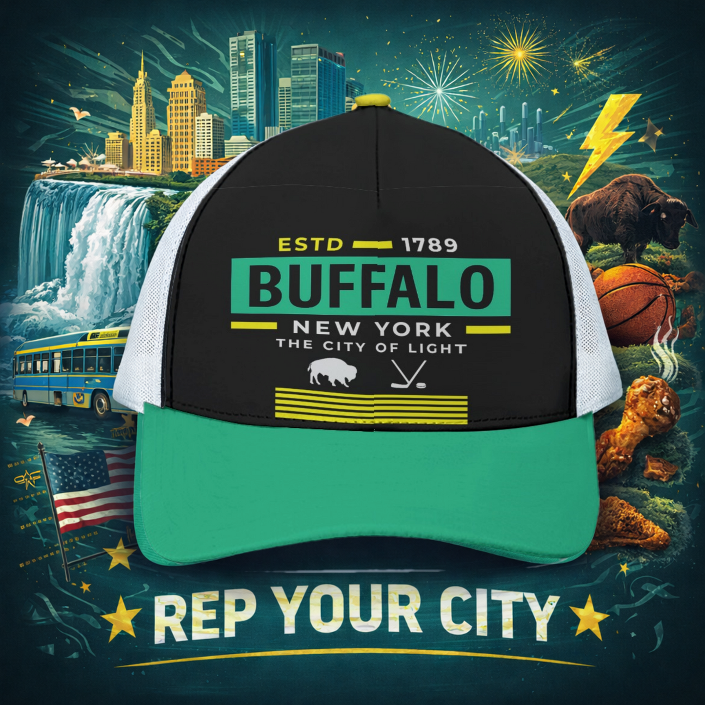 Buffalo City of Light Trucker Cap – Game Day Sports Style With White Half-mesh