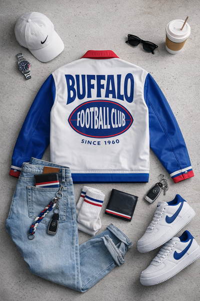 Buffalo Football Club Varsity Jacket – Casual Streetwear  in Blue White and Red – game day outfit, football shirt, image 1.0