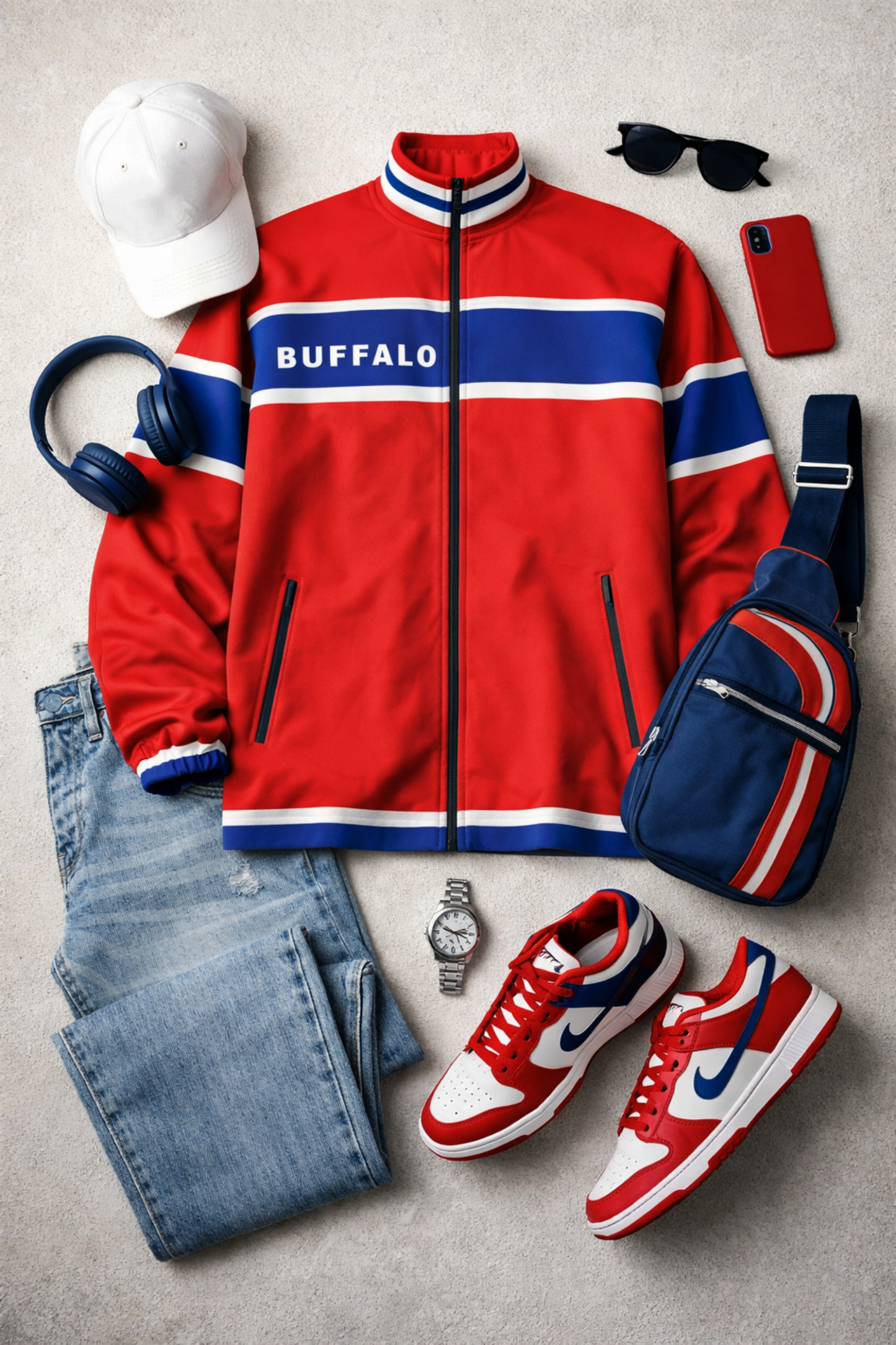 Red and blue sports jacket with 'Buffalo' branding, paired with jeans, sneakers, a hat, backpack, and accessories on a gray surface.