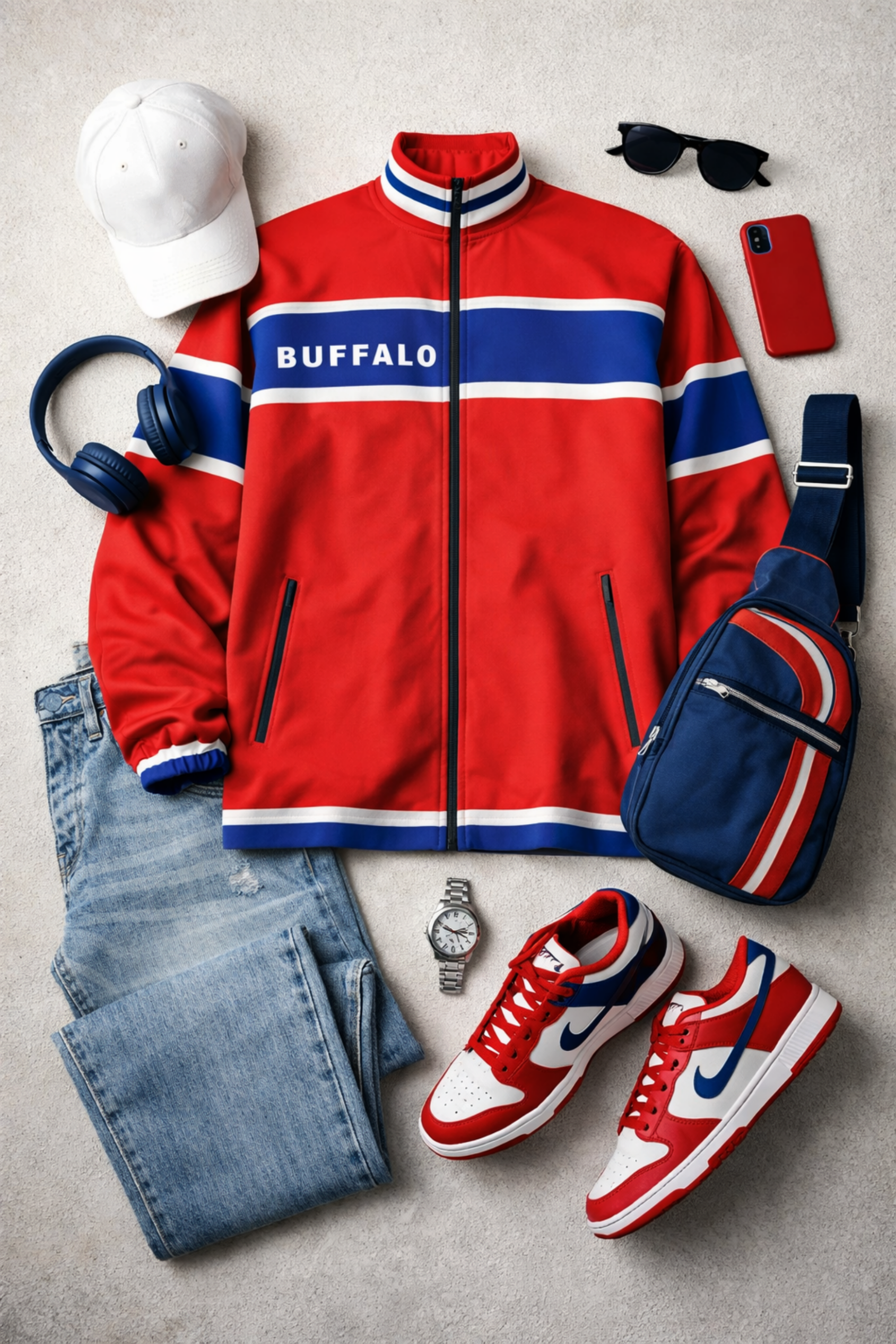 Red and blue sports jacket with 'Buffalo' branding, paired with jeans, sneakers, a hat, backpack, and accessories on a gray surface.