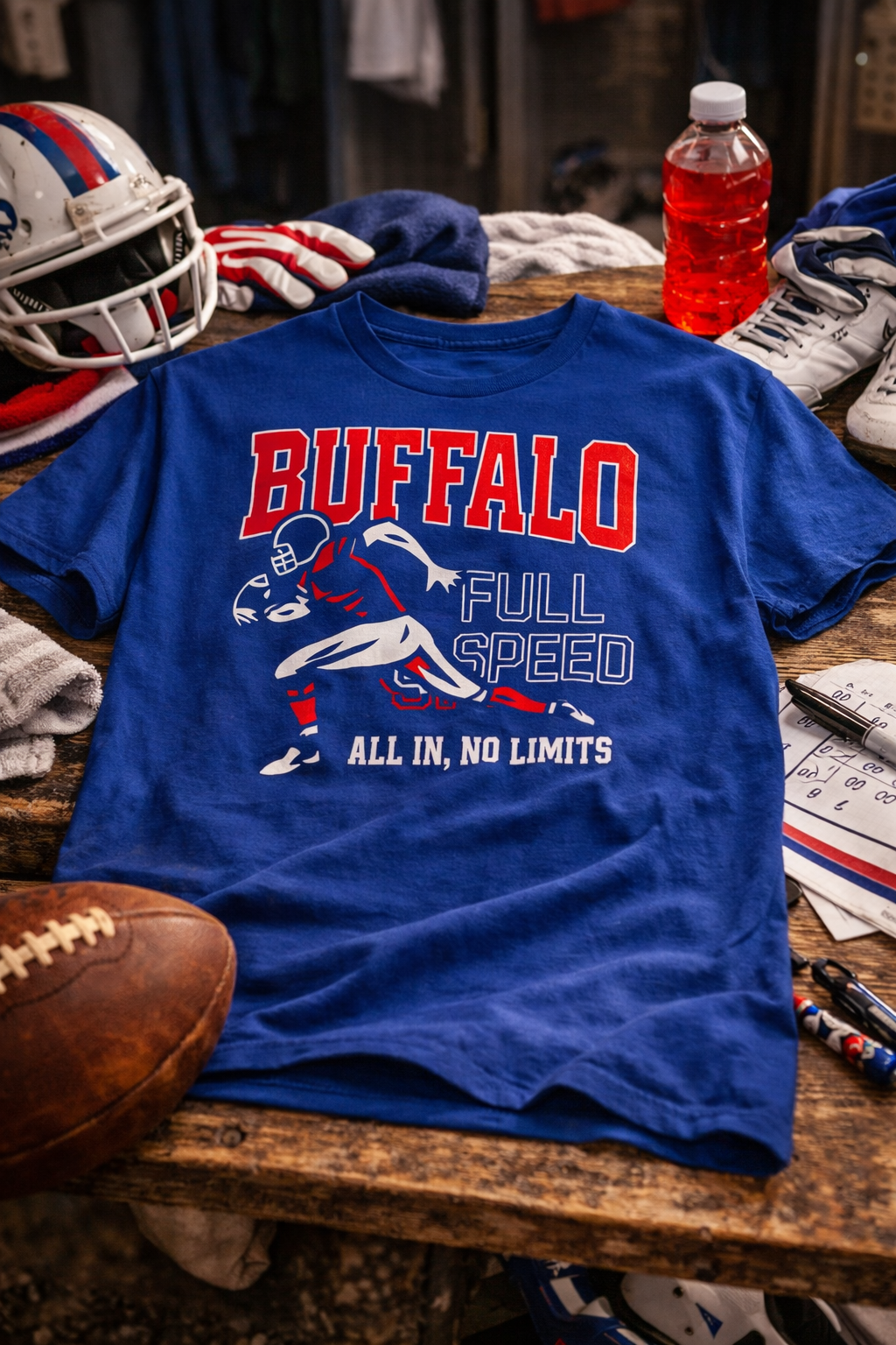 Blue t-shirt with 'Buffalo Full Speed All In, No Limits' design on a wooden surface with sports equipment.