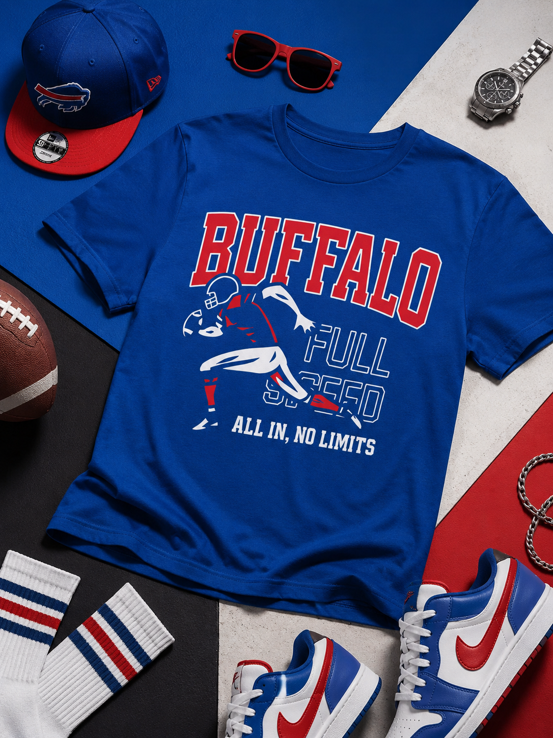 Blue t-shirt with 'Buffalo Full Speed' graphic, surrounded by sports-themed accessories on a blue and white background.