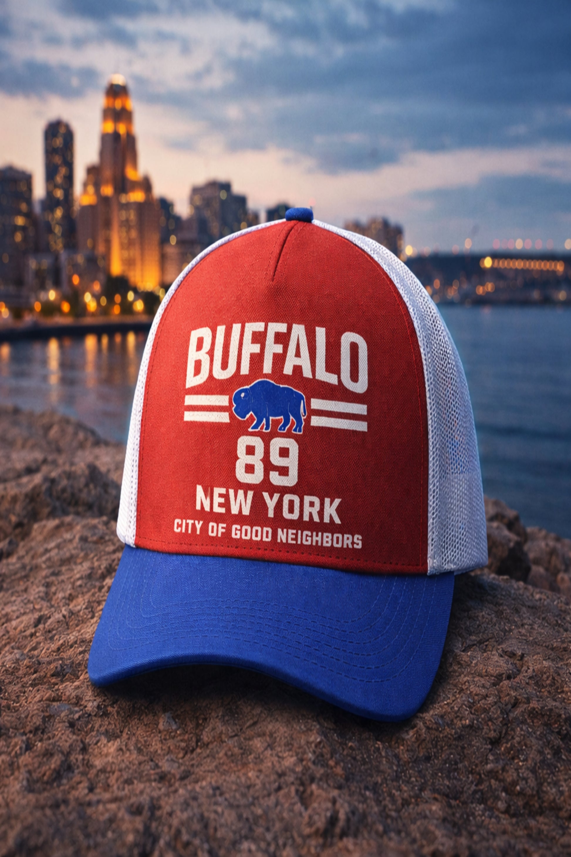 Red and blue cap with 'Buffalo 89 New York' text against a cityscape background