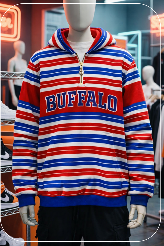 Red, white, and blue striped hoodie with 'BUFFALO' text on a mannequin against a blurred indoor background.