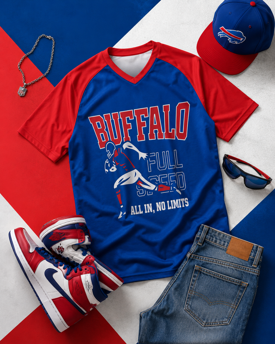 Blue and red sports-themed t-shirt with 'Buffalo' graphic, surrounded by accessories on a colorful background.
