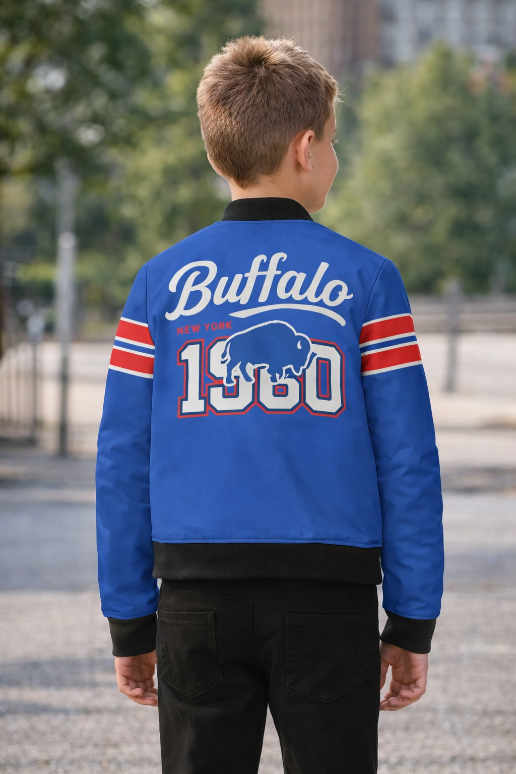 Person wearing a blue jacket with 'Buffalo 1960' text and logo outdoors.