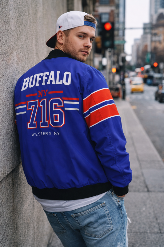 Person wearing a blue jacket with 'Buffalo 716' on the back, standing on a city street.