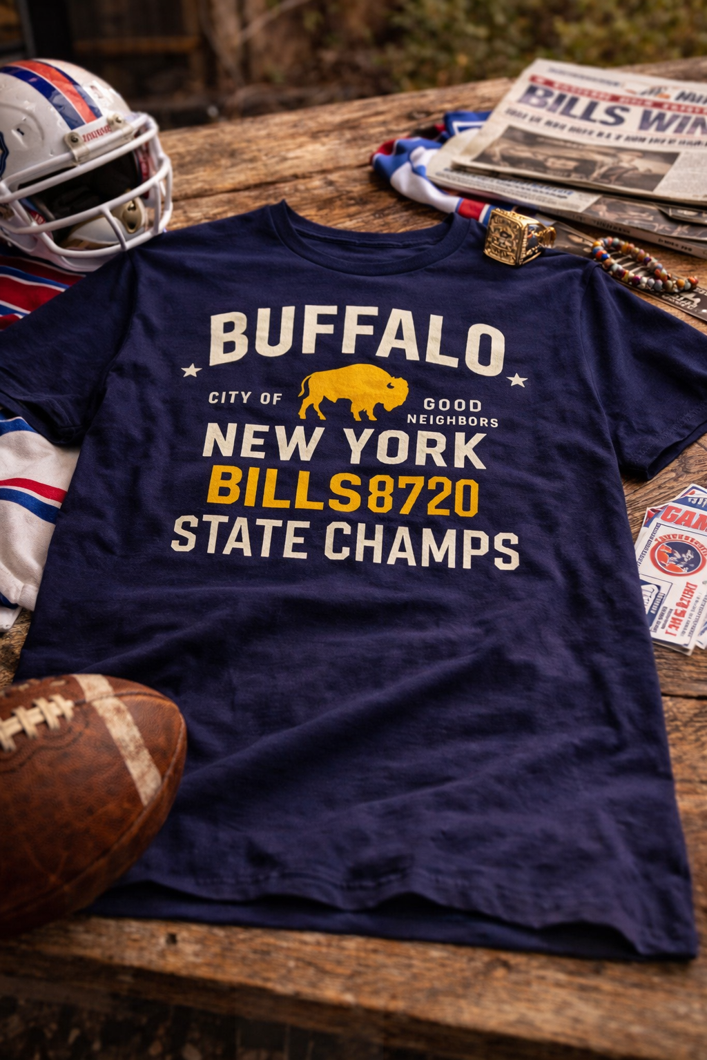 Navy blue t-shirt with 'Buffalo Bills' text on a wooden surface with football and helmet.