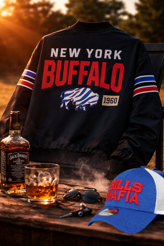 New York Buffalo 1960 jacket with Jack Daniel's whiskey and a cap on a table outdoors.