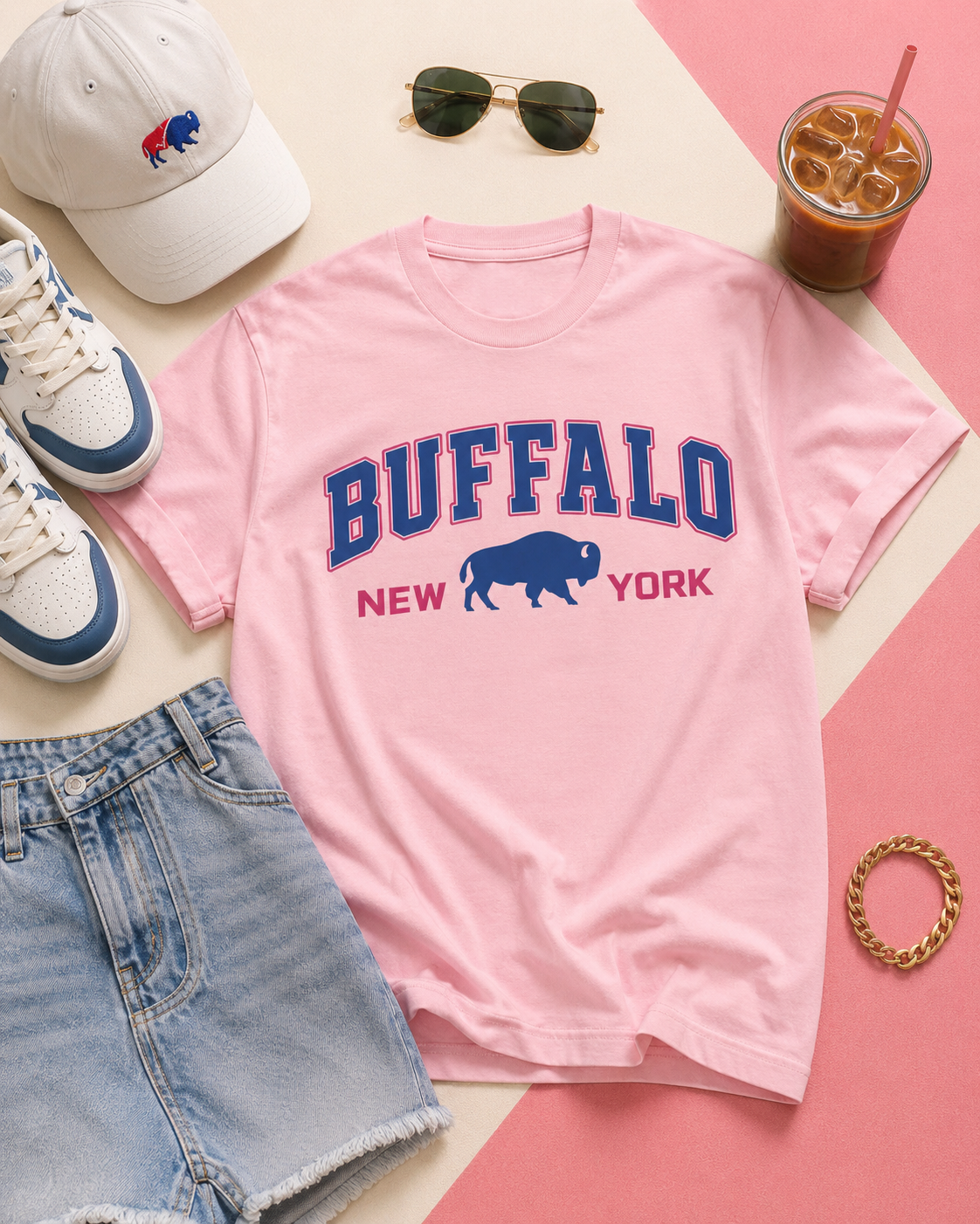 Pink t-shirt with 'Buffalo New York' design, white sneakers, denim shorts, sunglasses, and iced drink on a pink and beige background.