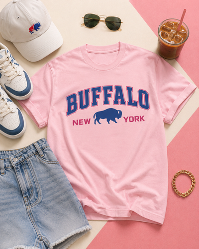 Pink t-shirt with 'Buffalo New York' design, white sneakers, denim shorts, sunglasses, and iced drink on a pink and beige background.
