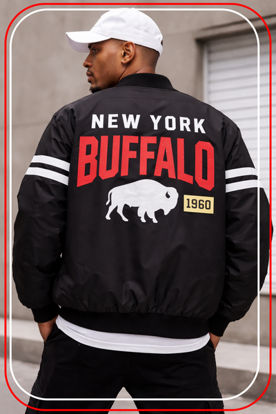 Man wearing a black jacket with 'New York Buffalo' text and logo.
