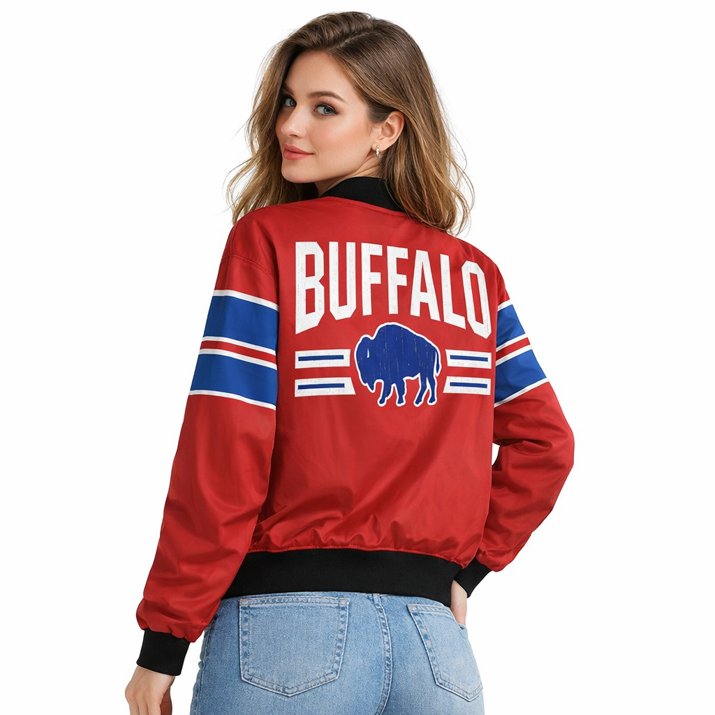 Woman wearing a red 'BUFFALO' jacket with a blue logo on a white background