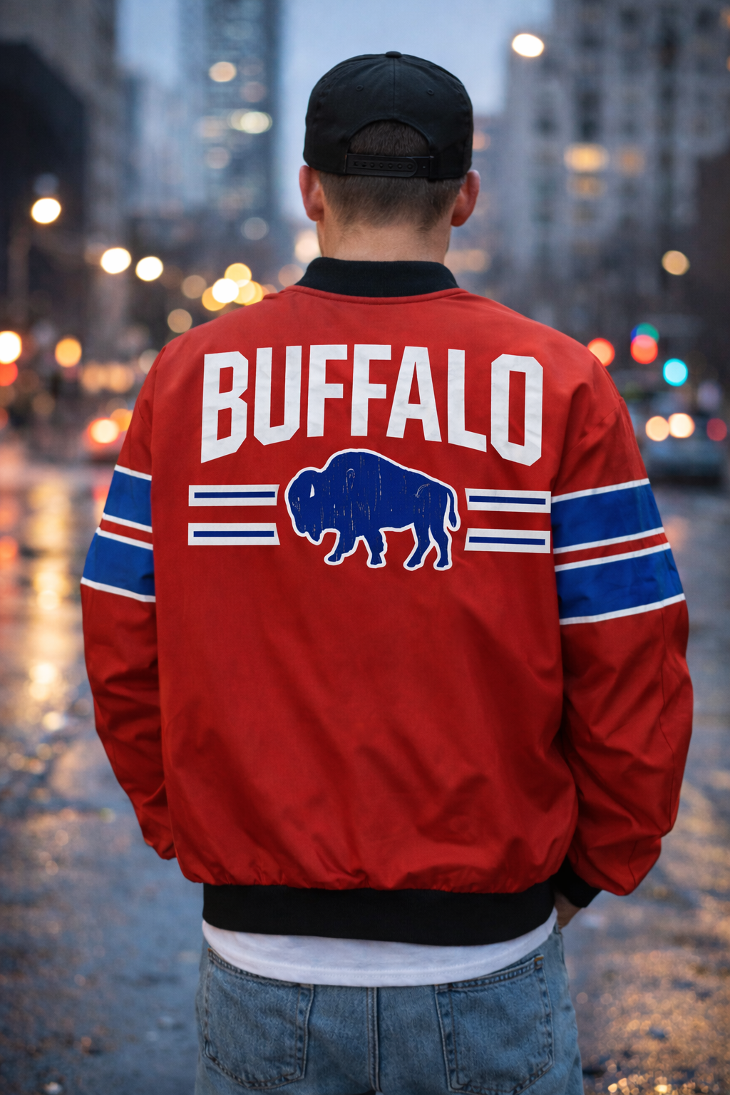 Person wearing a red jacket with 'Buffalo' and a buffalo logo, standing on a city street.