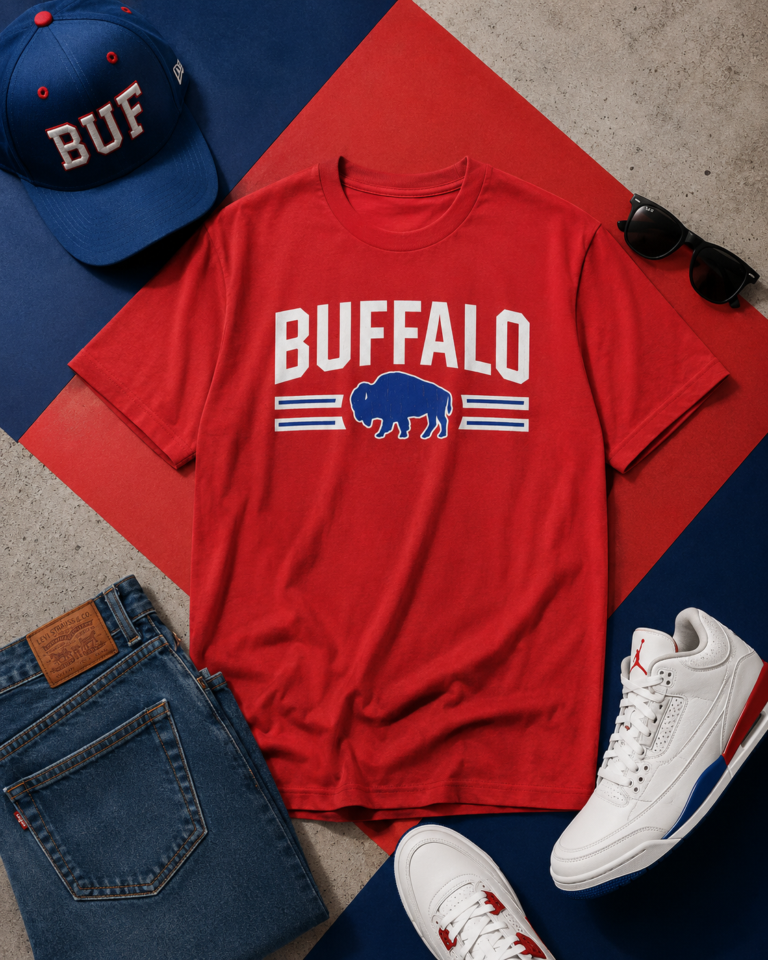 Red 'BUFFALO' t-shirt with a blue buffalo graphic, blue cap, white sneakers, and jeans on a red and blue background.