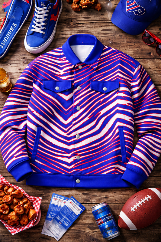 Striped jacket with blue and red pattern on a wooden surface with snacks and sports equipment.