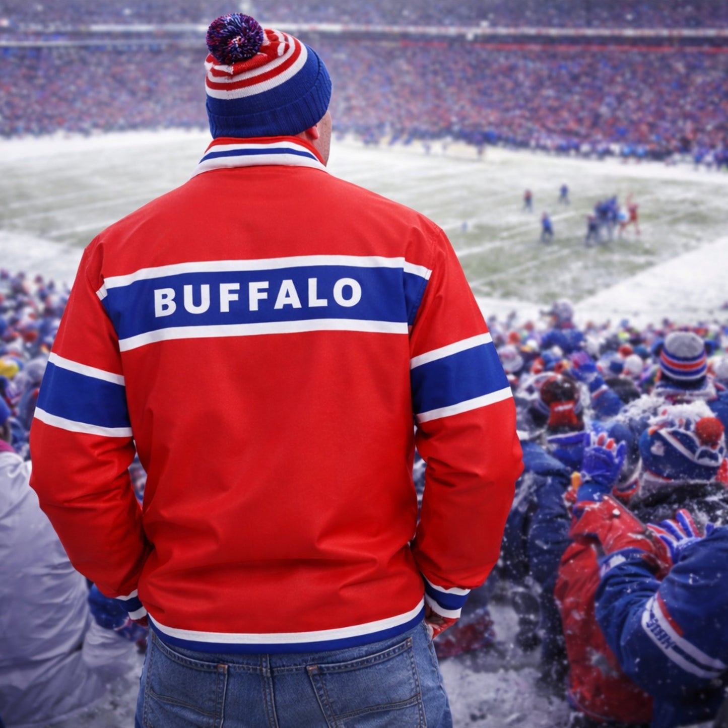 Men’s Buffalo Football Stand-Up Collar Zip-Up Windproof Jacket – Red, Blue White Zebra Game Day Style
