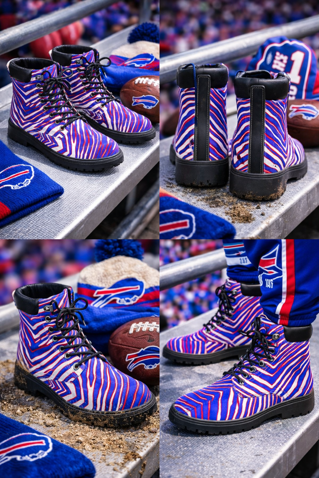 Collage of purple and blue zebra-striped boots with sports team logos.