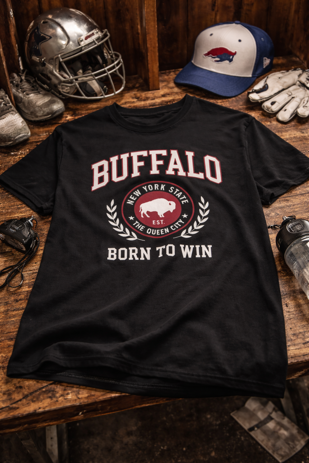 Black t-shirt with 'Buffalo Born to Win' design on a wooden surface with sports equipment.