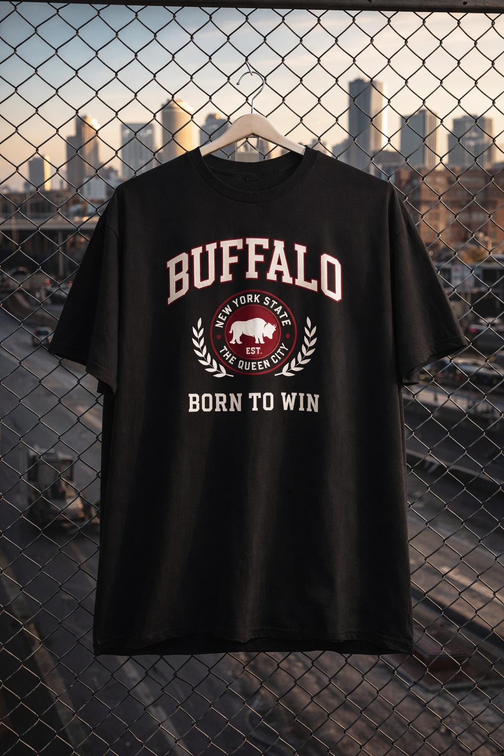 Black t-shirt with 'Buffalo Born to Win' design on a hanger against a chain-link fence background.