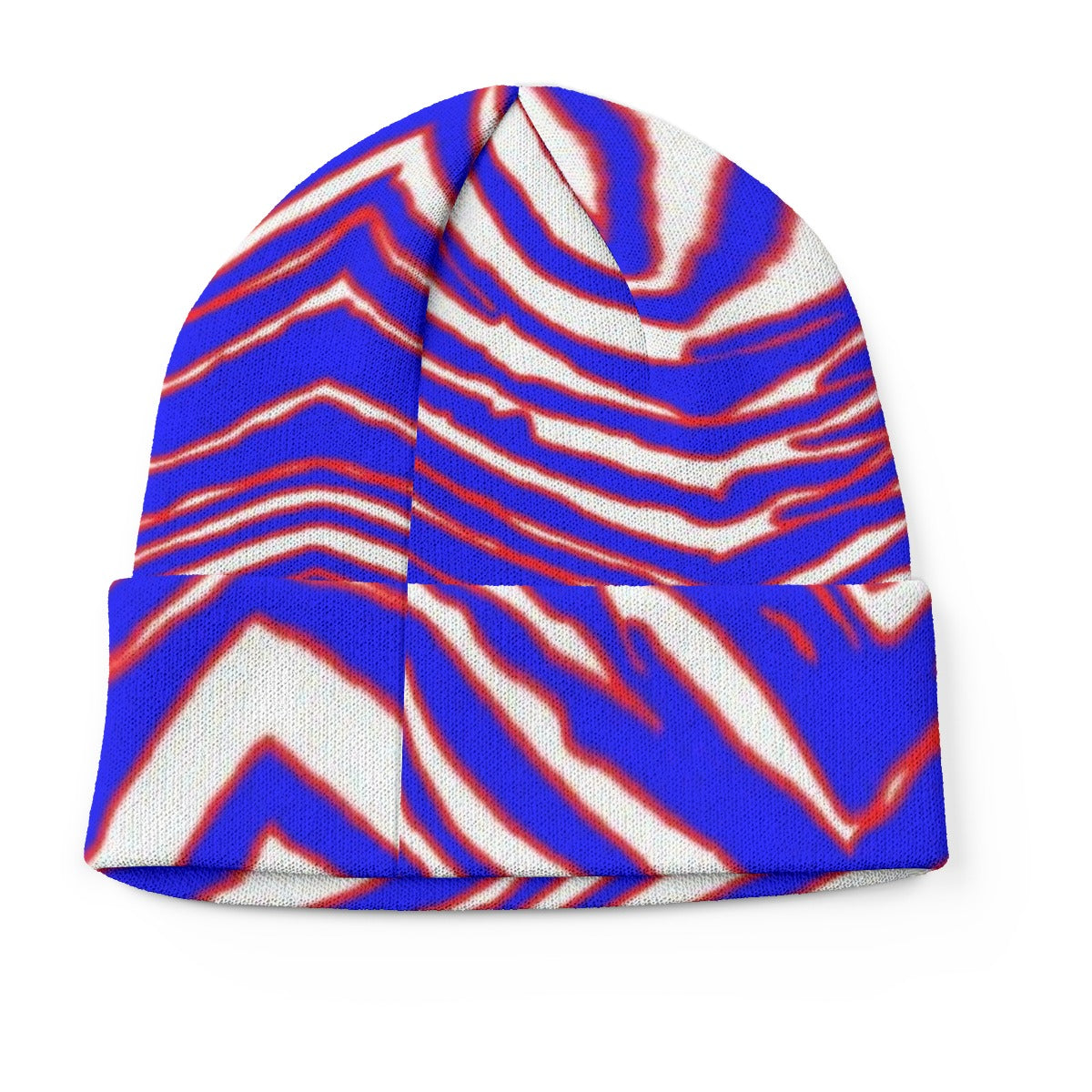 Colorful zigzag patterned beanie on a white background