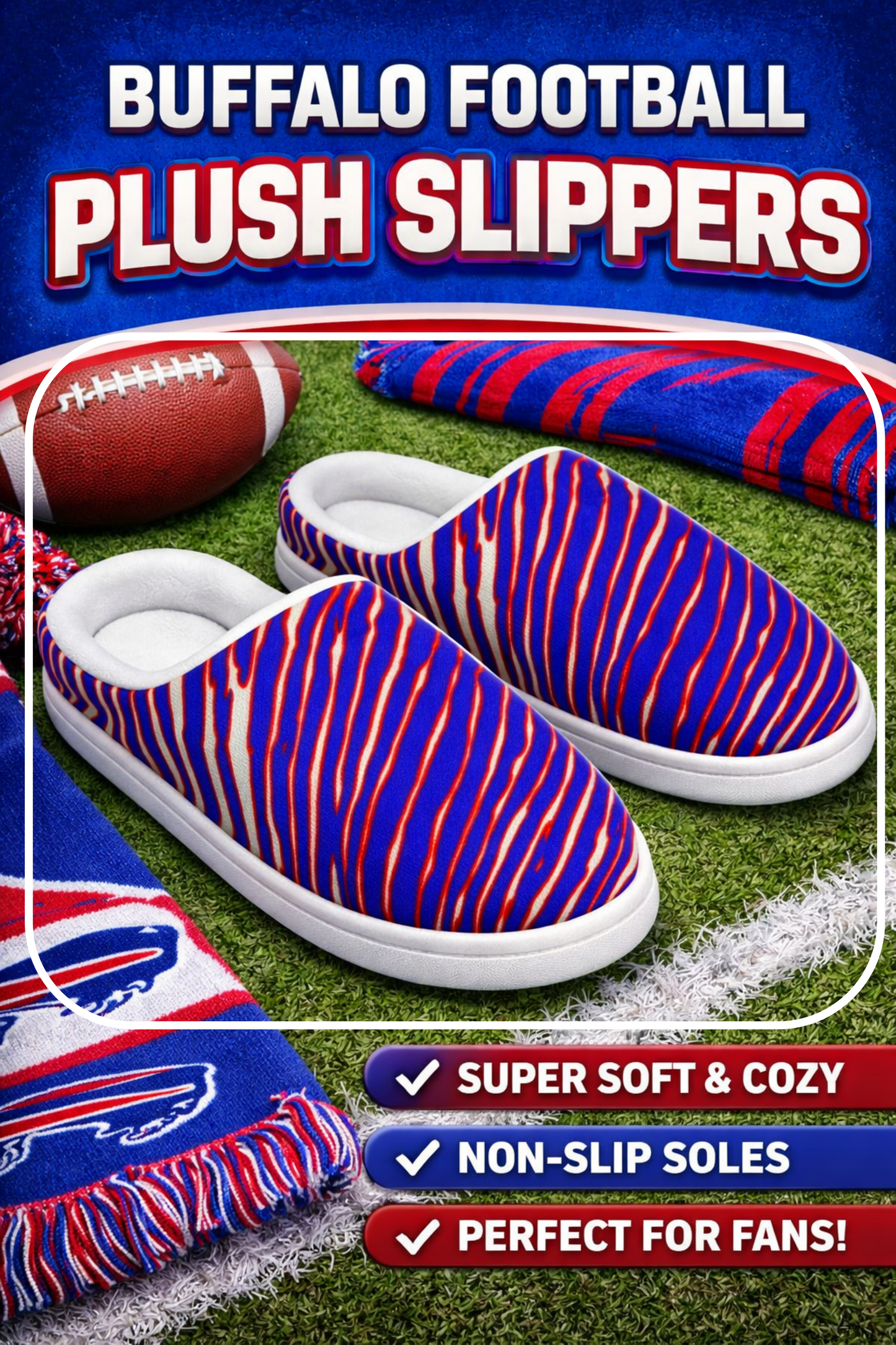 Buffalo football Men's Plush Slippers – Red Blue White Zebra Game Day Style