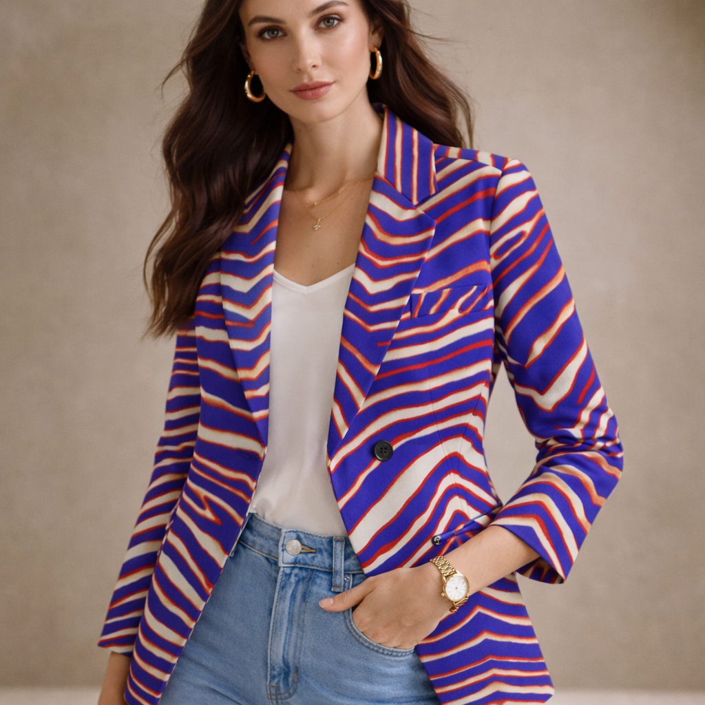 Woman wearing a colorful blazer with a neutral background