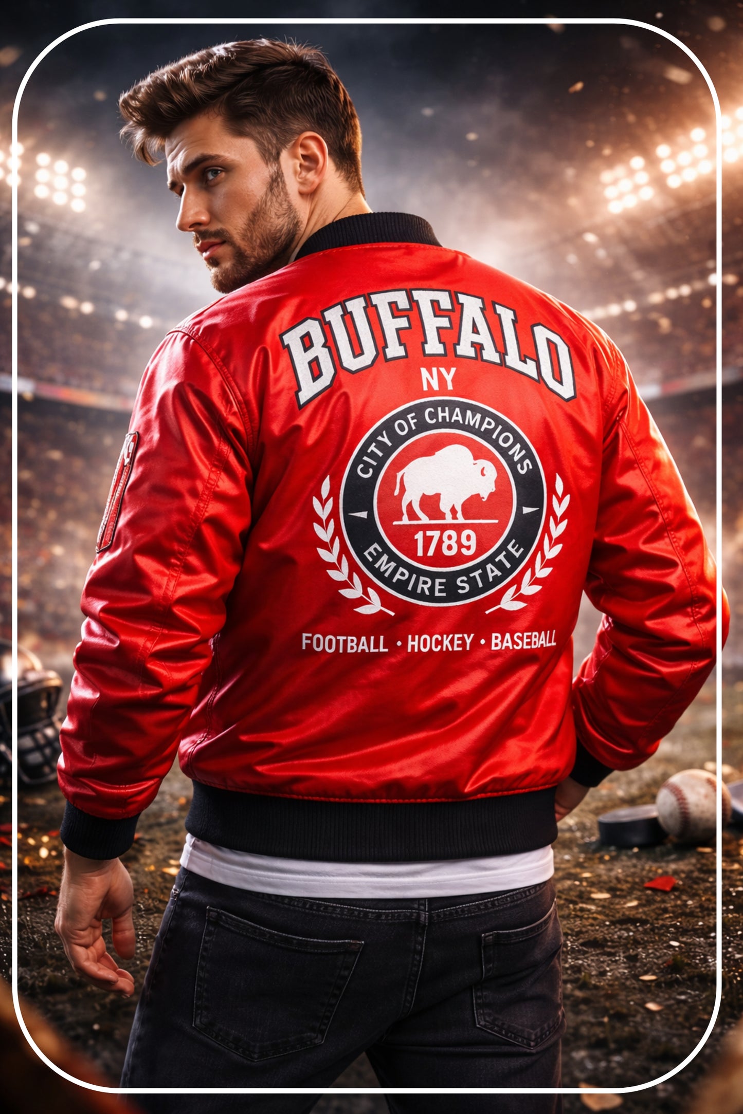 Buffalo football hokey and baseball red bomber Jacket With Sleeve Pocket