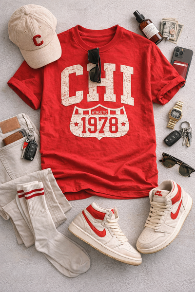 Red t-shirt with 'CHI Athletics 1978' design, white sneakers, cap, socks, and accessories on a gray surface.