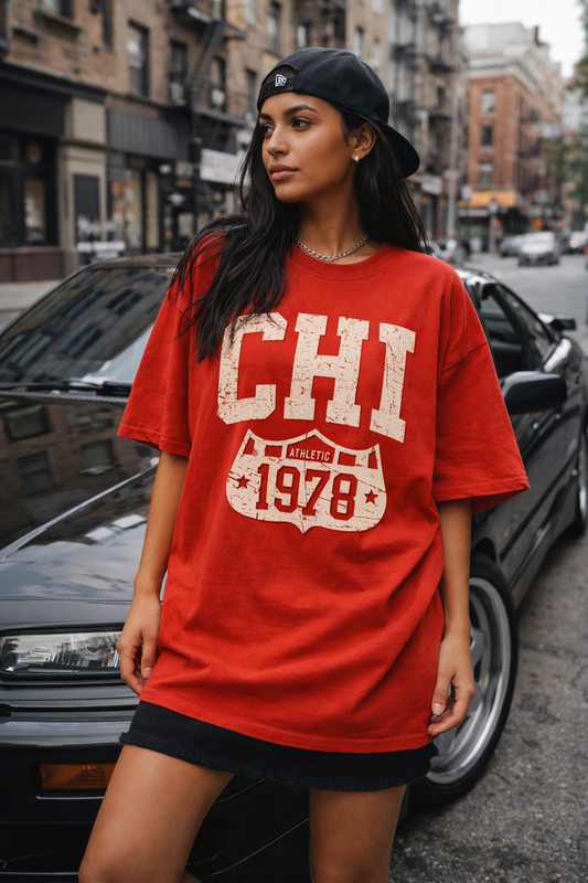 Woman wearing a red 'CHI 1978' t-shirt standing on a city street.