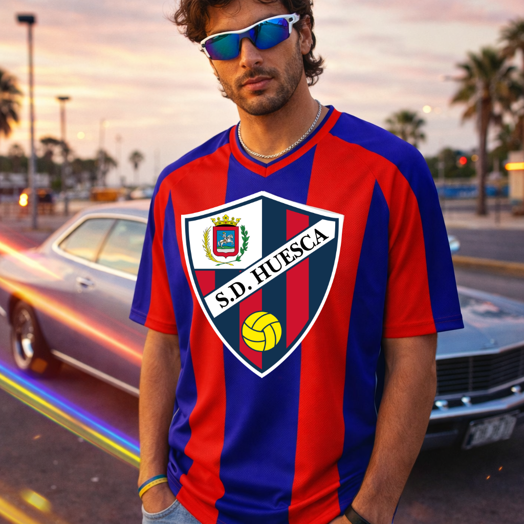 Person wearing a red and blue sports jersey with a logo in an urban setting