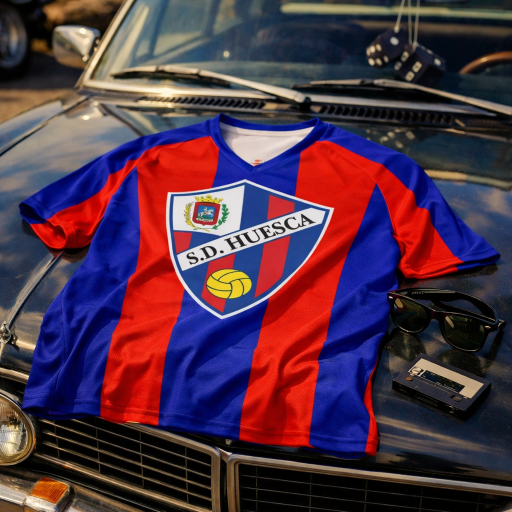 Blue and red sports jersey with a logo on a classic car