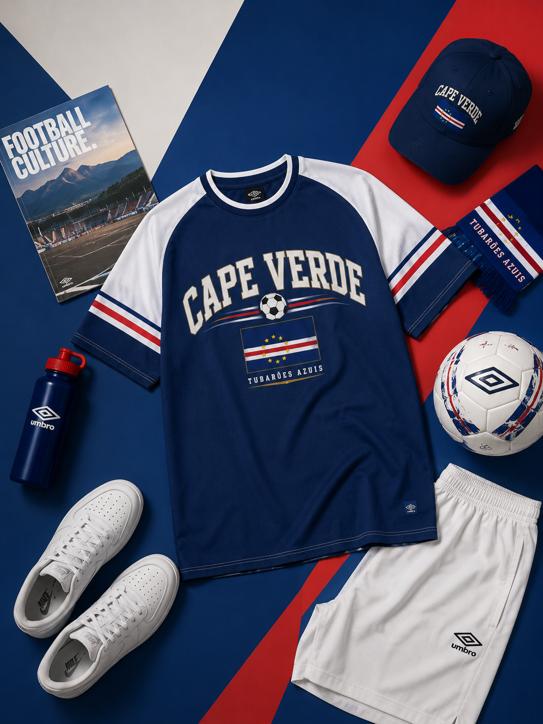 Cape Verde sports-themed clothing and accessories on a blue and red background