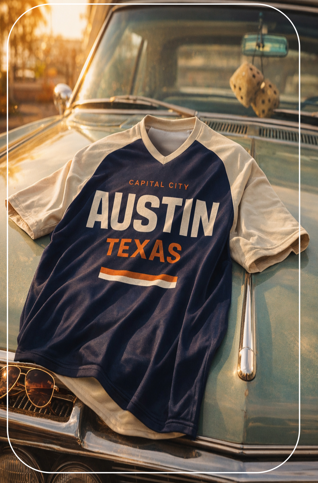 Navy and white shirt with 'Austin, Texas' text on a vintage car