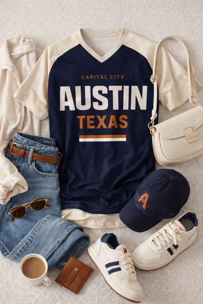 Capital City Austin Texas T-Shirt – Navy and Cream Varsity