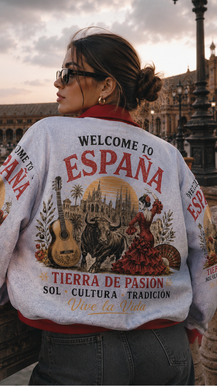 Person wearing a 'Welcome to España' jacket with a scenic design, standing in an urban setting.