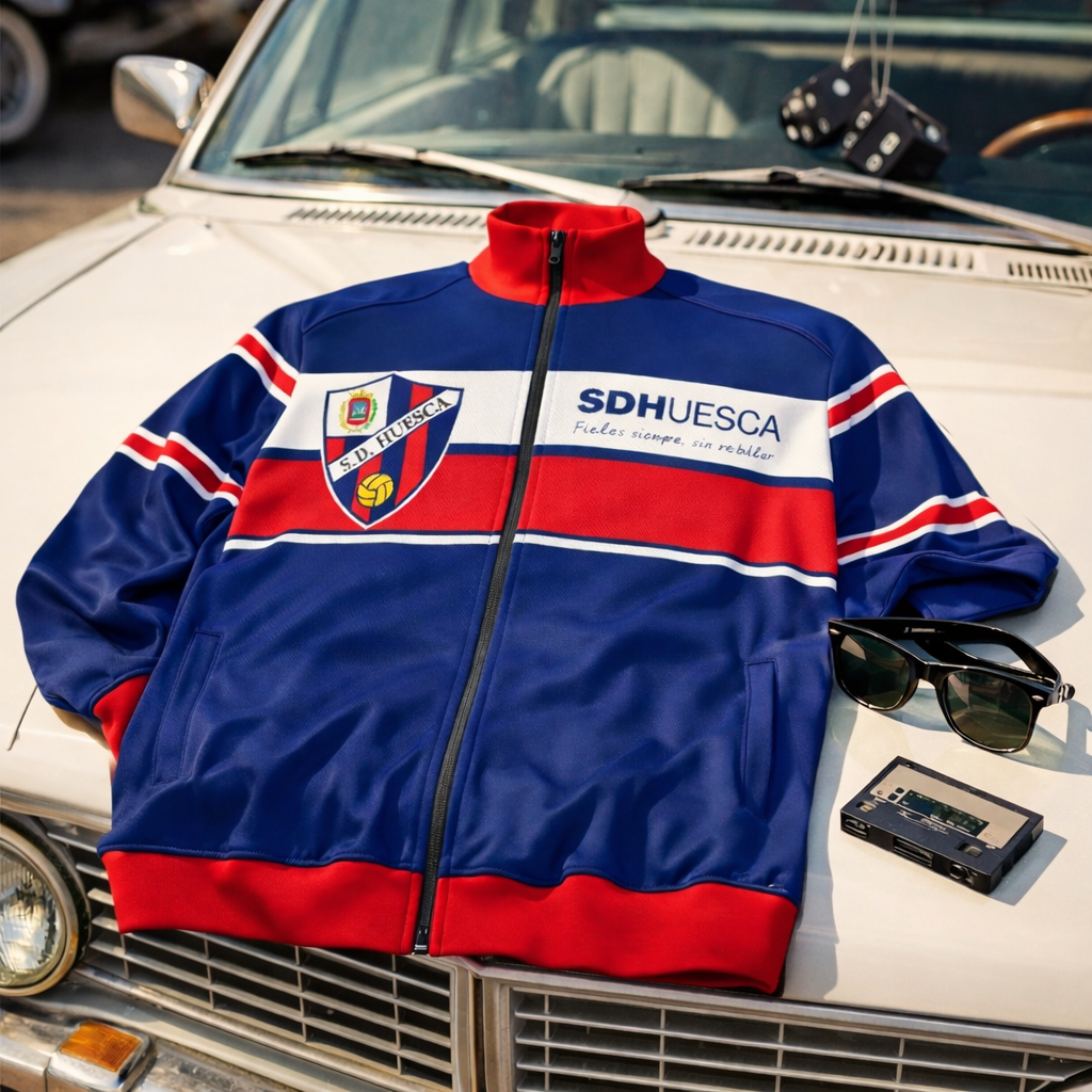 Blue and red jacket with visible branding on a car hood