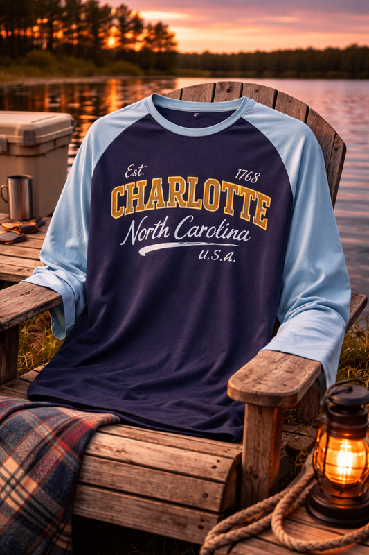 Navy and light blue long-sleeve shirt with 'Charlotte North Carolina U.S.A.' text on a wooden bench by a lake at sunset.
