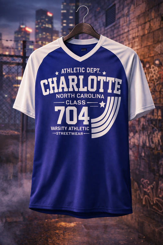 Blue and white sports jersey with text on a hanger against a cityscape background
