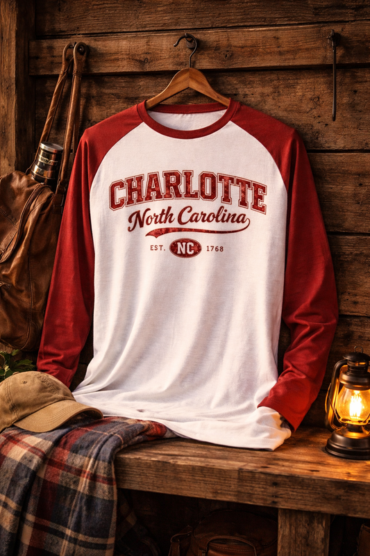 Red and white baseball shirt with 'Charlotte North Carolina' text on a wooden surface.