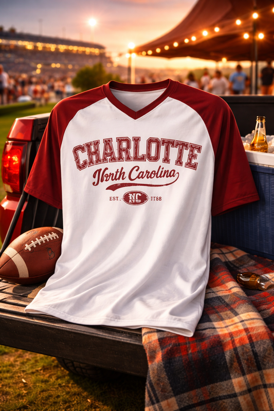 White and red 'Charlotte, North Carolina' shirt on a truck bed with a football and plaid blanket.