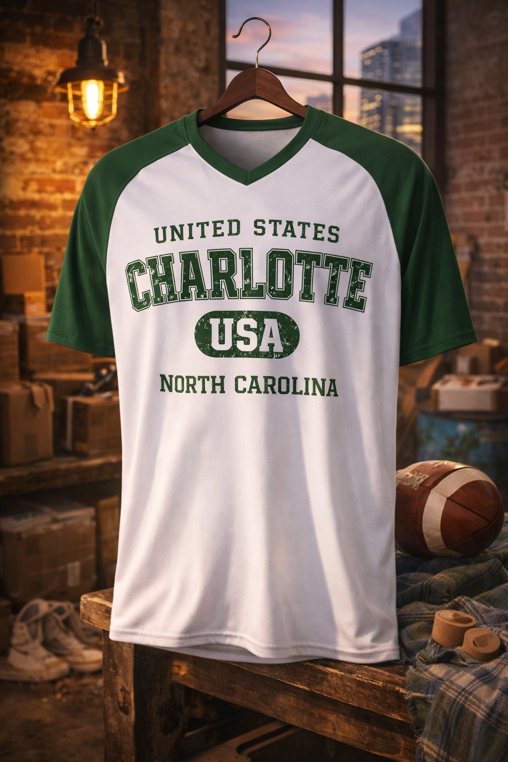 White and green sports jersey with 'United States Charlotte USA North Carolina' text, hanging on a wooden hanger against a rustic background.