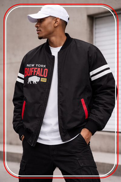 Man wearing a black bomber jacket with 'New York Buffalo' logo, white cap, and white shirt.
