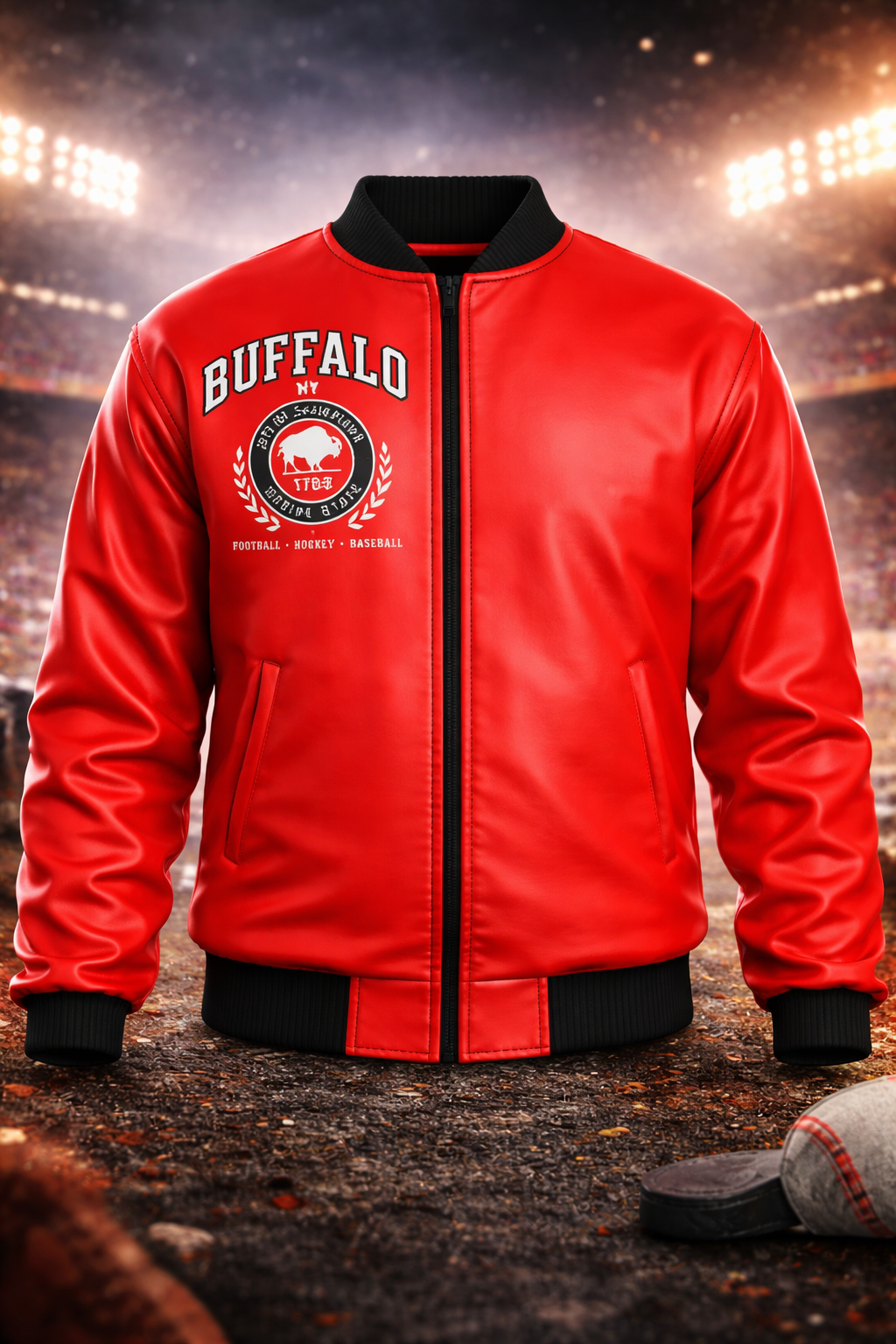 Buffalo football hokey and baseball red bomber Jacket With Sleeve Pocket