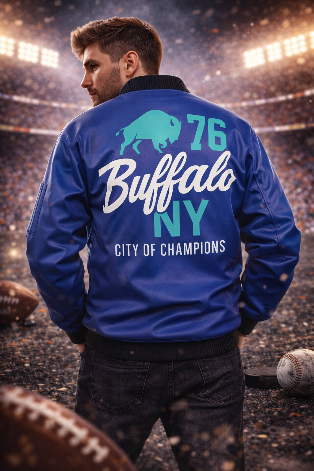 Buffalo New York city of Champions blue bomber Jacket With Sleeve Pocket