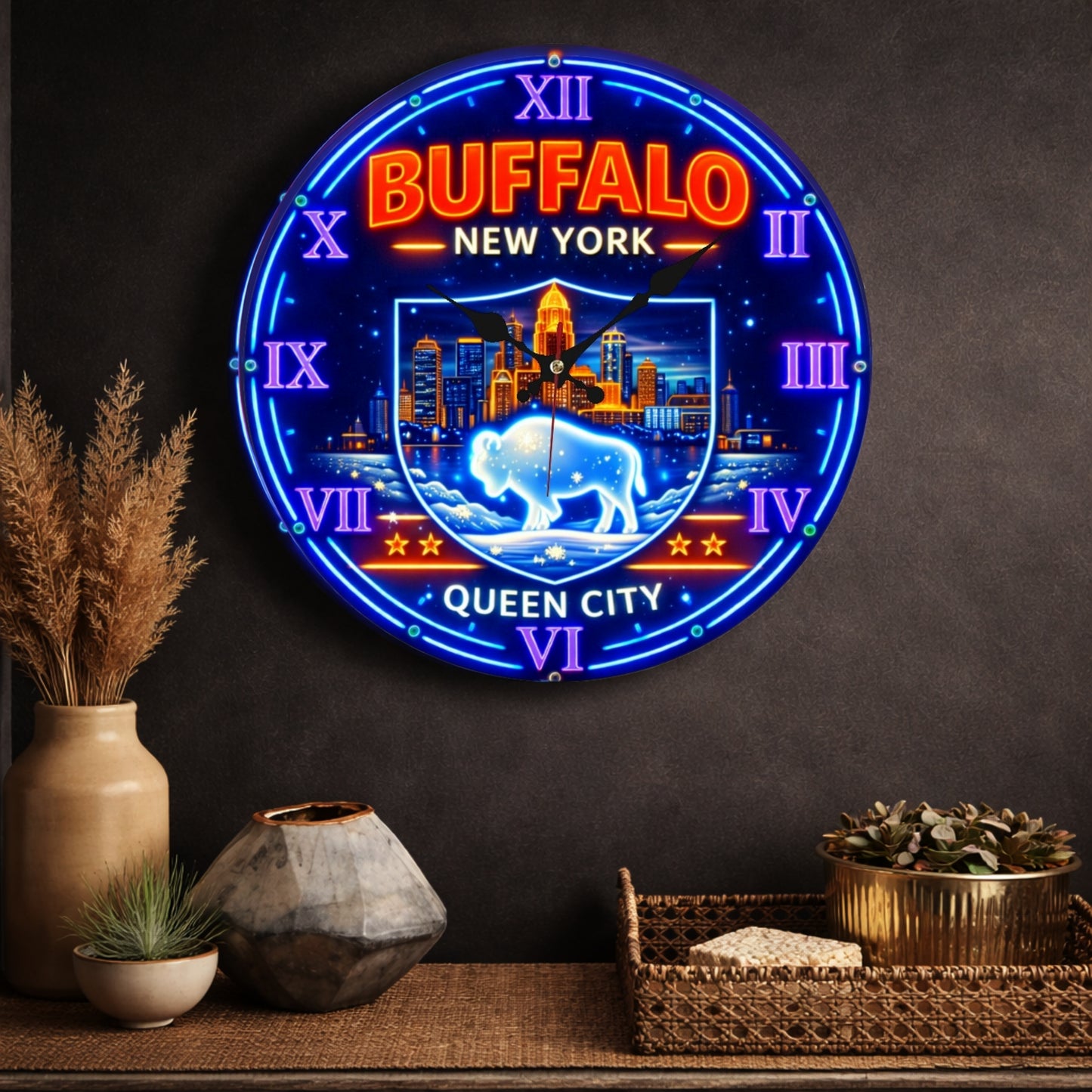 Buffalo New York Neon Wall Clock – Queen City Skyline Design
